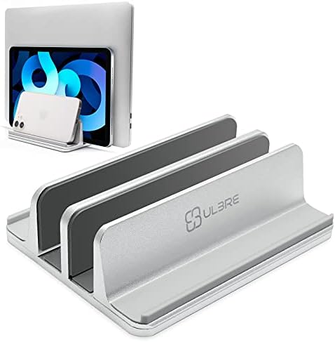 Vertical Laptop Stand for Desk Metal Heavy Duty, 4 Slots Adjustable 4in1 Vertical MacBook Stand Rack Pro Holder Compatible w' All Surface Dell Samsung HP Chromebook Upto 17.5' - Sliver by ULBRE