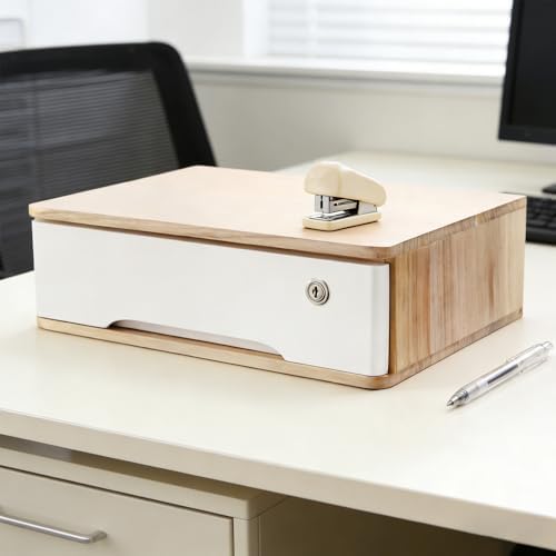 Desktop Storage Box,Desk Organizer Drawers,Desktop Organizer,Office Supplies Drawer Organization with Lockable Drawer for Office,School Supplies,1Tiers,Original Wood Color, White - Image 7