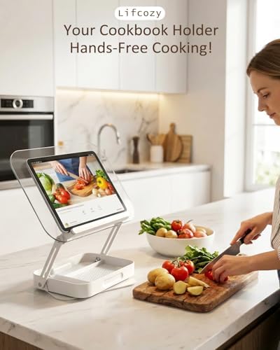 Book Stand for Reading, Acrylic Adjustable Book Holder with Book Page Holder, 360°Cookbook Stand with Storage for Kitchen Counter, Hands Free Recipe Book Holder for Textbook Cookbook, Clear - Image 6