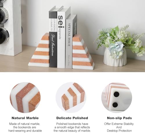 Karibiber Marble Book Ends, Non-Skid Bookends for Shelves, Composite Bookend with Natural Stone, Heavy Duty Book Stopper, Collected CDs and Oversized Books Organizer, White & Red Decorative Bookends - Image 2