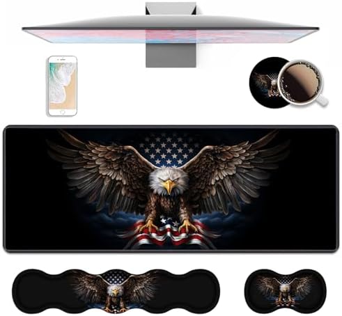 4 in 1 Ergonomic Keyboard Wrist Rest & Mouse Pad Wrist Rest Set, Large XXL Gaming Desk Mat 31.5"x 11.8" with Non-Slip Base, Memory Foam for Home Office Study Gaming, American Flag Bald Eagle by Unknown