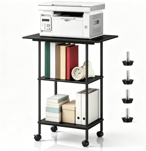 Black Large Printer Stand with Storage 3 Tier Rolling Printer Cart by Luplom