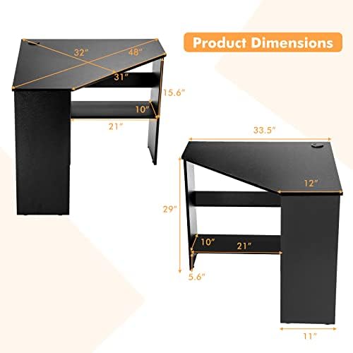 COSTWAY Corner Computer Desk, Space-Saving Triangular Writing Desk w/ 2 Storage Shelves & 2 Cable Holes, Multi-Functional Console Table for Small Space in Home Office, Living Room, Bedroom (Black) - Image 3