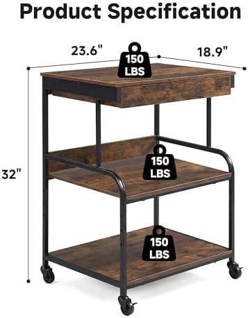 23.6''x18.9'' Printer Stand with Drawer,3 Tier Rolling Printer Cart - Image 2