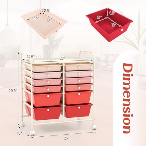 LDAILY 12 Drawer Rolling Storage Cart, Craft Cart Organizer on Wheels w/Metal Frame, Large Capacity & Smooth Drawer, Rolling Cart w/Drawers for Classroom, Office - Image 3