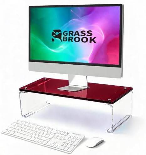 Acrylic Monitor Stand Riser L18.5" x H5" | Multi-Purpose Desk Organizer for Monitor & Laptop, Compatible with PC, Apple Studio Display and Printer, Ideal for Home Workspaces & Office Desks (Burgundy) by GRASSBROOK