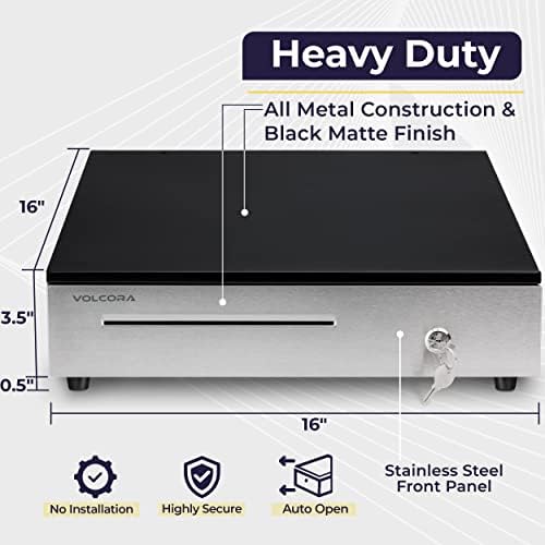 Volcora Cash Register Drawer for (POS) Point of Sale System 16", Stainless Steel Removable Coin Tray, 5 Bill/6 Coin, 12-24V, RJ11/RJ12 Key-Lock, Cash Till, Money Drawer for Businesses, Black - Image 2