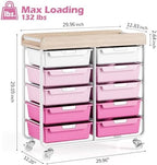 10 Drawers Rolling Cart with Wooden Tabletop, Utility Storage Cart with Wheels, Art Supply Craft Organizer on Wheel with Metal Frame & Handles for Home Office School,Pink - Image 3