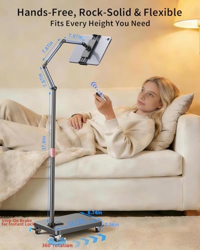 Rolling Tablet Floor Stand with Wheels, Adjustable Aluminum Arm & 360° Rotation, Magnetic Phone Holder with Remote, iPad Floor Stand for Bed, Compatible with 4.7-13" iPad, Phone, Kindle & Tablets - Image 4
