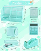 23Pcs Green Desk Accessories and Organizer Set with Mesh Organizer, Stapler, Tape Dispenser, Calculator, Green Office Supplies for Women, Beautifully Presented in a Gift Box - Image 6