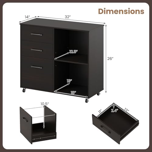 Giantex 3-Drawer Mobile File Cabinet, Rolling Printer Stand with Open Storage Shelves, Under Desk Lateral Filing Cabinet for Letter/A4 Size, Wooden Office Organizer with Wheels for Home Office (Brown) - Image 3