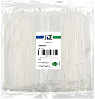 HS White Nylon Cable Ties 12 Inch Zip Ties (1000 Pack) 50 LBS Heavy Duty Clear Zip Ties 12in Plastic Ties Straps for Electrical,Christmas,Weding Fastening by HS