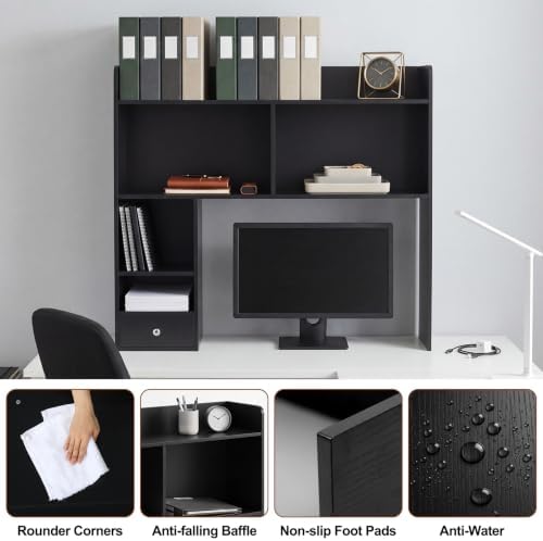 Cinnvoice White Desktop Bookshelf Countertop Storage Hutch with Drawer for Computer Desk 5-Tier Display Rack Multipurpose Wood Desktop Hutch Storage Organize for College Dorm Home Office Supply - Image 4