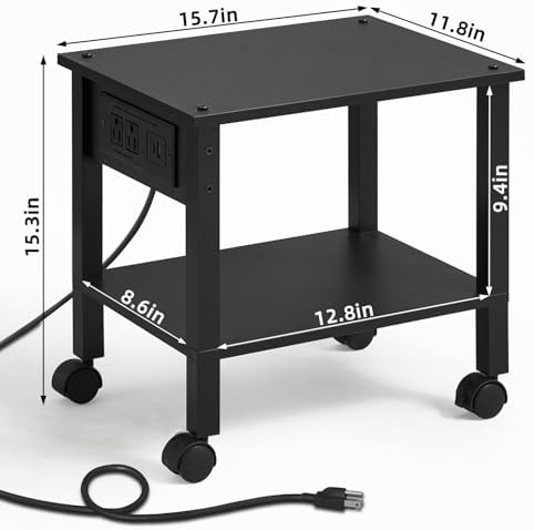 YUFAM 2 Tier Under Desk Printer Stand with Charging Station, Black - Image 3