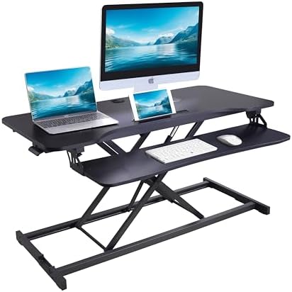 Rocelco Sit/Stand Desk Riser - 33 lb Load Capacity - 21.3" Height x 43" Width x 20.5" Depth - Desktop, Desk - Black - For Monitor, Notebook, Keyboard - Keyboard Tray, Ergonomic, Grommet, Cable by Rocelco