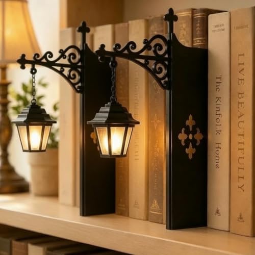 Library Lantern Bookshelf Lamp, Warm LED Bookshelf Lighting, Vintage Black Metal Lantern Bookend for Reading Nook, Home Library, Gift for Book Lovers (2 Pack) by Unknown