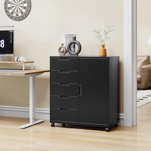 5 Drawer Metal Cabinet, Office Storage Cabinet w/Universal Wheels, Printer Stand with Storage Shelves, Rolling File Cabinets for Home Office(Black) - Image 2