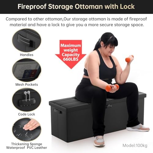 DocSafe Storage Ottoman Bench,Fireproof＆Waterproof Folding Bench with Lock(15”x 43”x15”),Leather Storage Chest with Handles＆2 Extra Boxes,Ottoman Safe for Bedroom,Living Room,Home Office,Black - Image 6