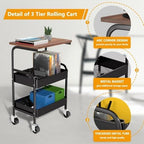 Rolling Cart with Wooden Tabletop, 3 Tier Metal Utility Cart, Rolling Storage Organizer Cart with Lockable Wheels for Kitchen, Office, Bedroom (Black) - Image 3