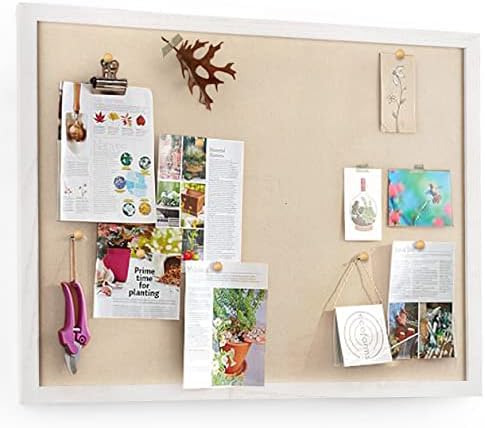 Miratino Large Bulletin Board 23x18 inch with Linen Cork Boards Wall Decor Hanging Pin Wood Framed Display Bulletin Cork Photo Picture Board Light for Room School Office 20-Pushpin Vintage White by Sayhellotogoodlife