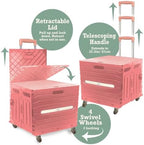 Inspired Living Collapsible Folding Utility Cart, Heavy-Duty Rolling Crate with 360° Wheels, Telescoping Handle, Hidden Lid, Holds 200 Lbs, Pink - Image 3