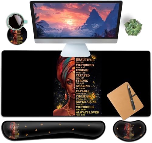 Large Gaming Mouse Pad+ Keyboard Wrist Rest Set, Ergonomics Memory Foam Mouse Mat Wrist Rest Support, Waterproof Extended Mousepad 31.5x11.8in, African American Women Black Girl Black Desk Pad by YVBHCGGGF