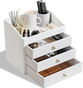 LADSTAG Office Accessories,Begie White Vegan Leather Office Supplies with 3 Drawers & Tray for Desk,Perfume Organizer with Gold-Tone Metal Accents Knob for End Tables,Bedside Table,Bedroom by LADSTAG