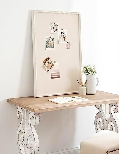 Kate and Laurel Makenna Rectangle Framed Linen Fabric Pinboard; 24 x 36; Soft White; Traditional Beaded Bulletin Board for Vintage Home Wall Organization or Aspirational Vision Board - Image 3