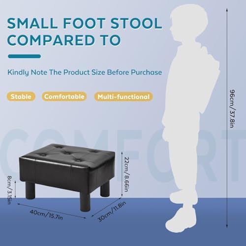 Small Foot Stool Ottoman, Faux Leather Footstool Ottoman Foot Rest for Couch, Rectangle Footstools and Ottomans Small for Living Room, Entryway and Bedroom (Black) - Image 2
