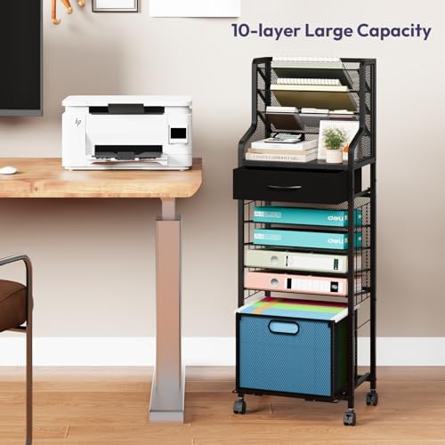 SWTYMIKI 10-Tier Rolling File Cart - Mesh Paper Organizer with Drawer and Hanging File Folders on Lockable Wheels, Rolling File Cabinet for Office Organization, Storage in Home, Studio, School, Black - Image 5