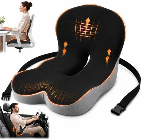 Lumbar Support Pillow for Office Chair, L-Shaped Memory Foam Seat Cushion with Back Support, Ergonomic Office Chair Cushion with Breathable Washable Cover, Non-Slip Base (Black) by Voivey