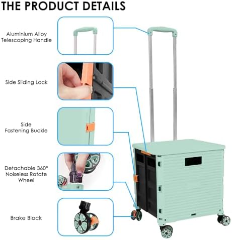 Foldable Utility Cart Portable Collapsible Crate Rolling Carts with Wheels Rolling Tote Basket Teacher Cart with Lid Wear-Resistant 360°Rotate Wheel Noiseless for Shopping Storage Office Use - Image 2