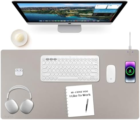 Wireless Charging Mouse Pad Firelison 2 in 1 Leather Multifunctional Office Desk Pad with Non-Slip Rubber Base, Waterproof Desk pad for Computers/Office/Work/Home/Decor（ 32" x 16"Grey - R） by Firelison