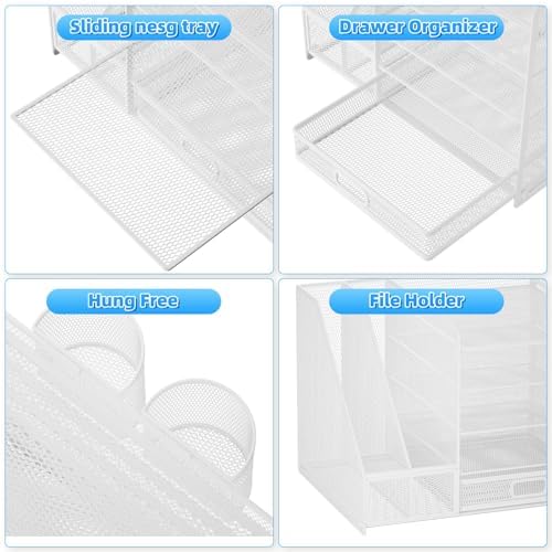 Lavatino Desk Organizer with File Holder, 5-Tier Paper Letter Tray Organizer with Sliding Drawer and 2 Pen Holder, Mesh Desktop File Organizer for Office Supplies, White - Image 4
