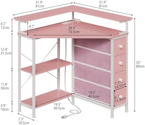 VENNQD Corner Desk with Drawers Shelves for Small Space 90 Degrees Triangle Computer Desk with Power Outlets,Gaming Desk with LED Lights Monitor Stand for Home Office Workstation Writing Table (Pink) - Image 3