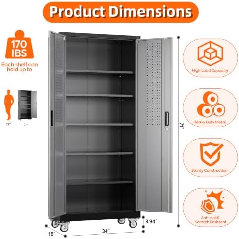 Aobabo Metal Garage Cabinet with Wheels, 34" W x 18" D x 71" H,Gray - Image 3