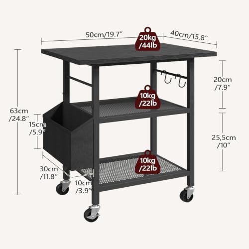 MAHANCRIS 3-Tier Printer Stand, Rolling Printer Table on Wheels, Industrial Storage Stand with Side Pocket, Wooden Tabletop, 2 S-Shaped Hooks, for Home Office, Black PTBK2501 - Image 3