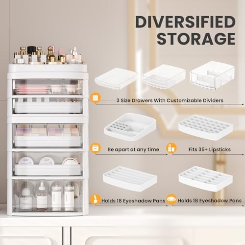 Rolling Cart with 5 Drawers, Clear Plastic Drawer Organizers, Vanity Cart - Image 6