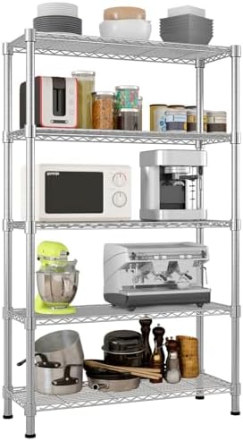 5 Tier Storage Racks Shelving, Heavy Steel Pantry Shelves, Adjustable Wire Shelving Rack, Suitable for Garage, Kitchen, Bathroom, Office, 35" W x 14" D x 71" H, Chrome by Unknown
