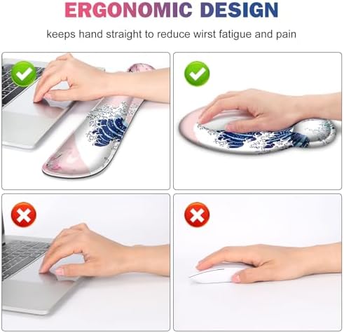 Gaming Mouse Pad, Large Desk Mat, Cute Desk Pad Protector, Pink Cherry Blossoms XXL Mousepad + Keyboard Wrist Rest+Mouse Wrist Rest+Coaster Set with Ergonomic Desk Pad, Japanese Wave of Kanagawa - Image 4