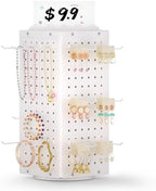 Urban Deco 360° Rotating Pegboard Display Stand with Signage, 4-Sided Spinning Peg Board Stand with 24 Hooks for Jewelry, Earring & Keychain Holder Displays for Craft Shows & Vendor Events (White) by UrbanDeco