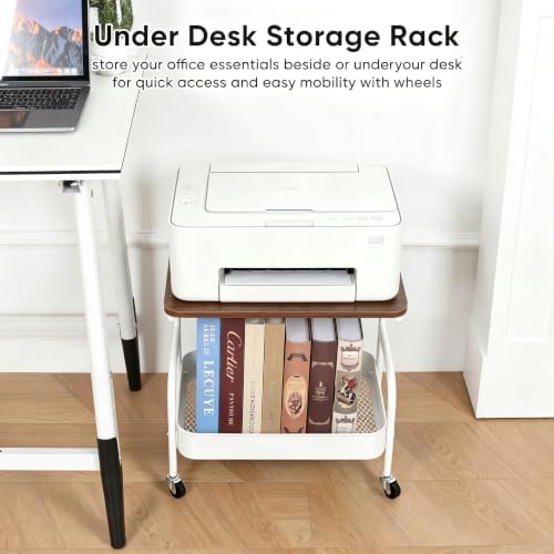 Under Desk Printer Stand with Storage 2 Tier Rolling Printer Cart with Wheels, Mobile Short Under Shelf Storage Small Rolling Table Cart for Home Office, White - Image 3