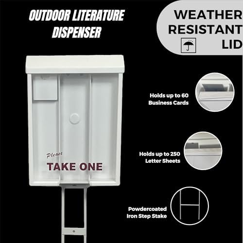 Outdoor Real Estate Brochure Box on Yard Stake, Weatherproof Self-Closing Lid, Take One Flyer Holder, Holds 250 8.5 x 11 Documents and 60 Business Cards, 46 inch Stand (White, Pack of 6) - Image 2