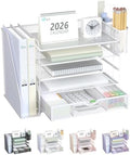 WALI Desk File Organizer, 5 Tier Desktop Paper Letter Tray Organizer with Drawer and 2 Pen Holders, Office Desk Accessories & Workspace Organizers for Office, Home Supplies(DO006DH-W), 1 Pack, White by WALI