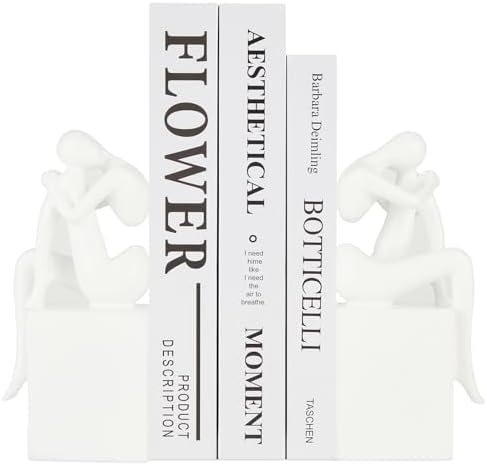 White Book Ends Decorative, Girl Thinker Design, Modern Bookends for Shelves, Non-Skid Heavy Duty Resin Book Stopper for Books, Bookends with Base, Resin, 1Pair/2Piece by Xmeden