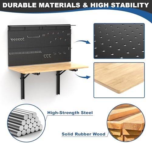 Ultrawall Wall Mounted Workbench with Pegboard, Folding Down Work Table - Image 5