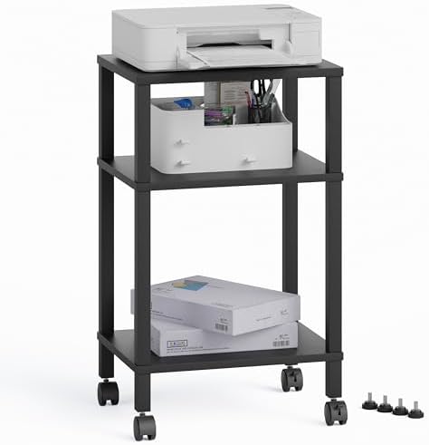 3-Tier Printer Stand with Storage, Mobile Printer Cart with Rolling Casters and Adjustable Feet, Under Desk Storage Shelf for Home Office, Small Printers,Black, 15.7" x 11.8" x 25.9" by Unknown