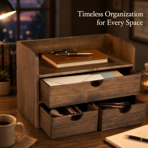 Wooden Desk Organizer with Drawers, Wood Makeup Organizer and Mail Rack for Desktop, 3-Tier Vintage Storage Caddy with Top Shelf for Office Supplies, Vanity, Bedroom, No Assembly, 13 x 6.7 x 8.6 in - Image 3