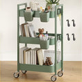 Nunsino 3 Tier Rolling Cart,Utility Cart with Locking Wheels, Hanging Cups,&Hooks, Heavy Duty Metal Storage Organizer Cart for Kitchen,Office, Bathroom,Craft Room,Green by Nunsino