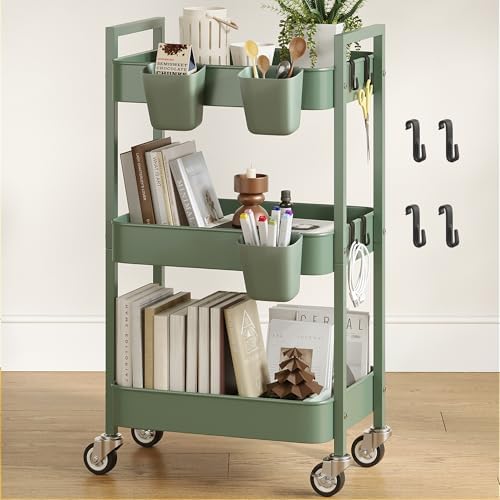 Nunsino 3 Tier Rolling Cart,Utility Cart with Locking Wheels, Hanging Cups,&Hooks, Heavy Duty Metal Storage Organizer Cart for Kitchen,Office, Bathroom,Craft Room,Green by Nunsino